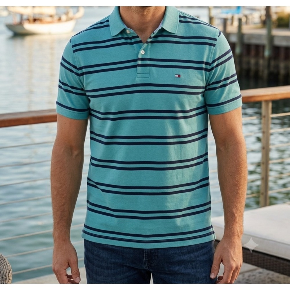 Tommy Hilfiger Polo Shirt Mens Large Classic Fit Striped Pique Cotton Teal, Blue